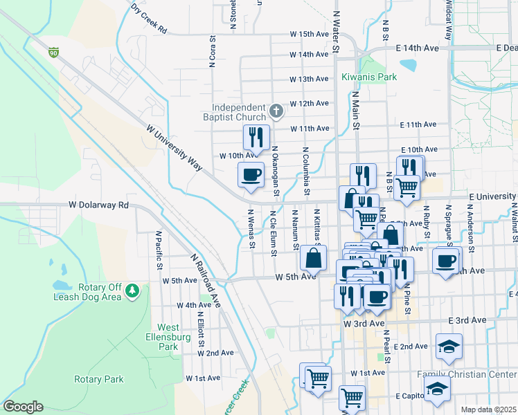 map of restaurants, bars, coffee shops, grocery stores, and more near 604 West University Way in Ellensburg
