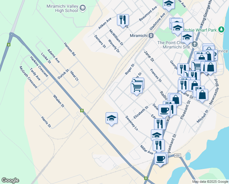 map of restaurants, bars, coffee shops, grocery stores, and more near 72 Roger Street in Miramichi
