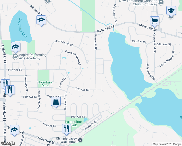 map of restaurants, bars, coffee shops, grocery stores, and more near 5323 Rumac Street Southeast in Olympia