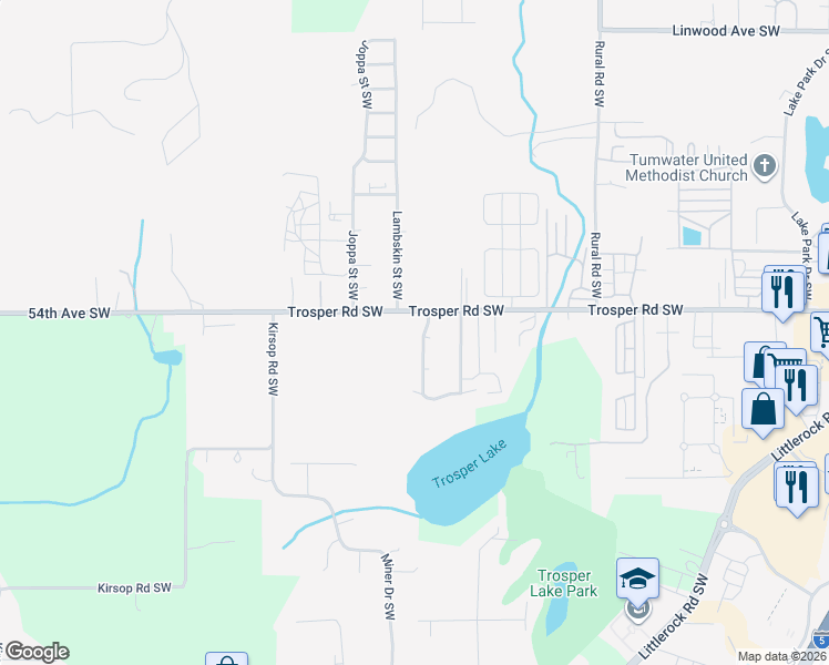 map of restaurants, bars, coffee shops, grocery stores, and more near 5443 Trosper Lake Street Southwest in Tumwater