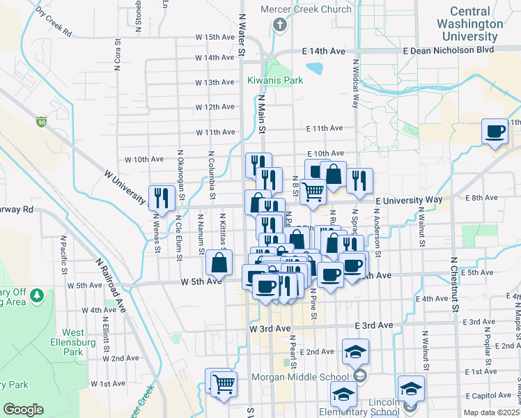 map of restaurants, bars, coffee shops, grocery stores, and more near 200 West University Way in Ellensburg