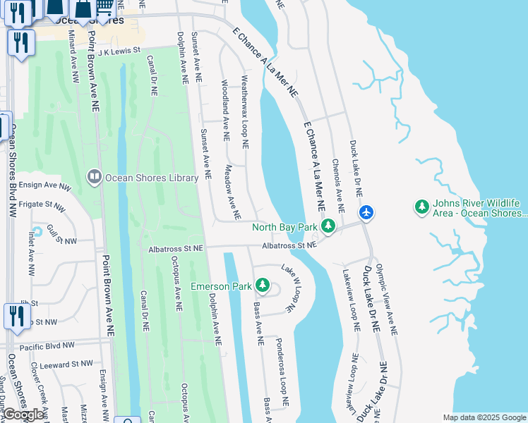 map of restaurants, bars, coffee shops, grocery stores, and more near 546 Weatherwax Loop Northeast in Ocean Shores