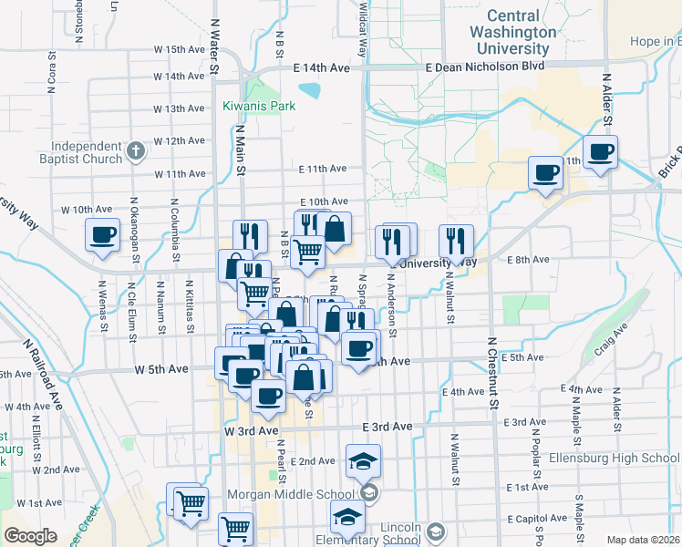 map of restaurants, bars, coffee shops, grocery stores, and more near 702 North Ruby Street in Ellensburg
