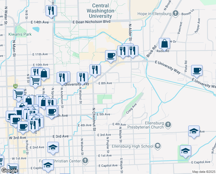map of restaurants, bars, coffee shops, grocery stores, and more near 706 North Poplar Street in Ellensburg