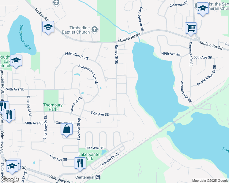 map of restaurants, bars, coffee shops, grocery stores, and more near 5323 Rumac Street Southeast in Olympia
