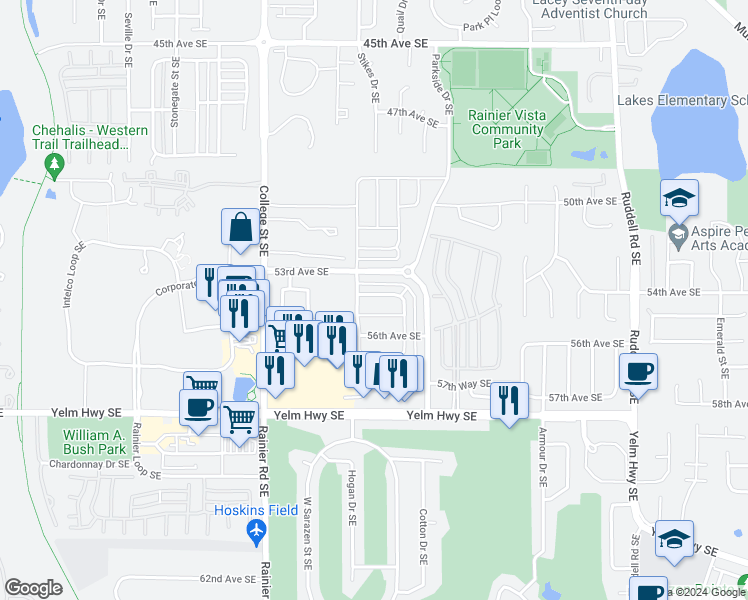 map of restaurants, bars, coffee shops, grocery stores, and more near 5215 54th Avenue Southeast in Lacey