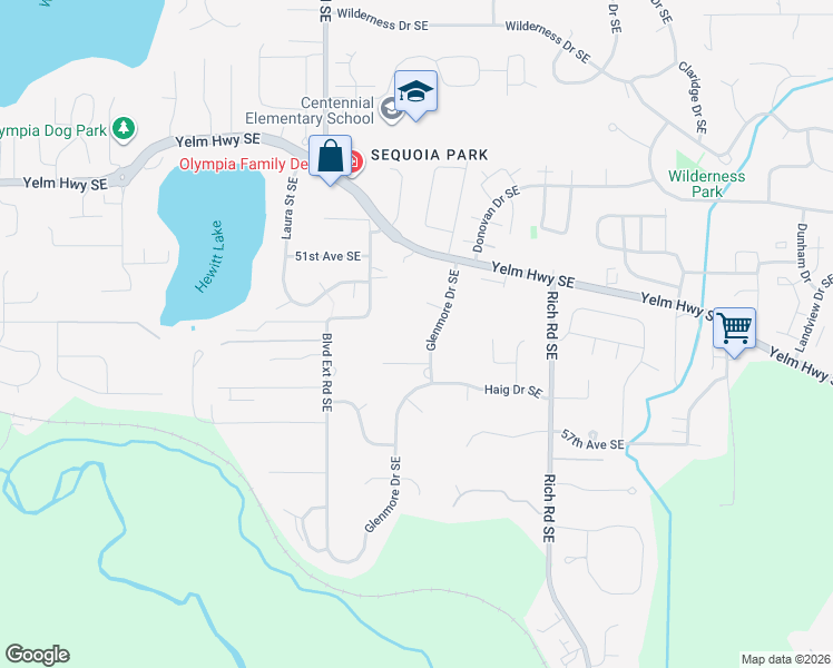 map of restaurants, bars, coffee shops, grocery stores, and more near 5403 Glenmore Drive Southeast in Olympia