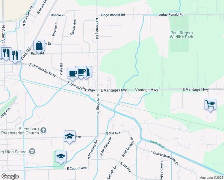 map of restaurants, bars, coffee shops, grocery stores, and more near Vantage Highway in Ellensburg