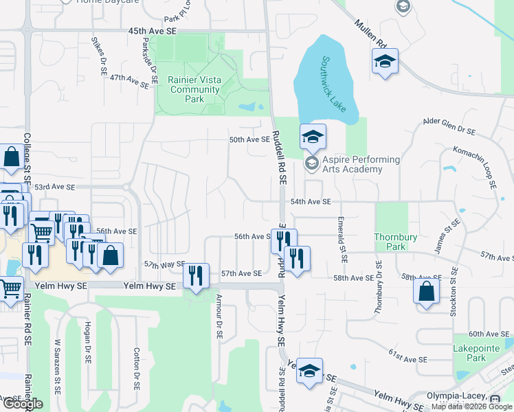 map of restaurants, bars, coffee shops, grocery stores, and more near 5418 Muir Court Southeast in Lacey