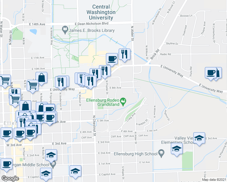 map of restaurants, bars, coffee shops, grocery stores, and more near 906 E 8th Ave in Ellensburg