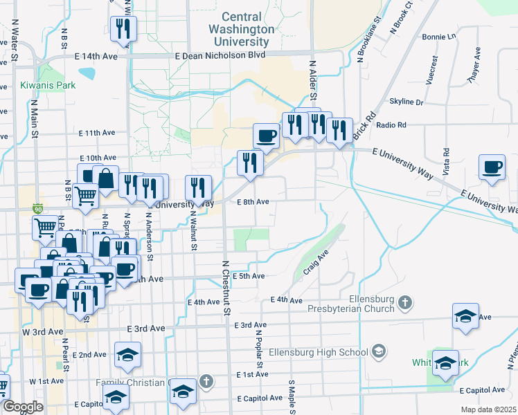 map of restaurants, bars, coffee shops, grocery stores, and more near 706 North Poplar Street in Ellensburg