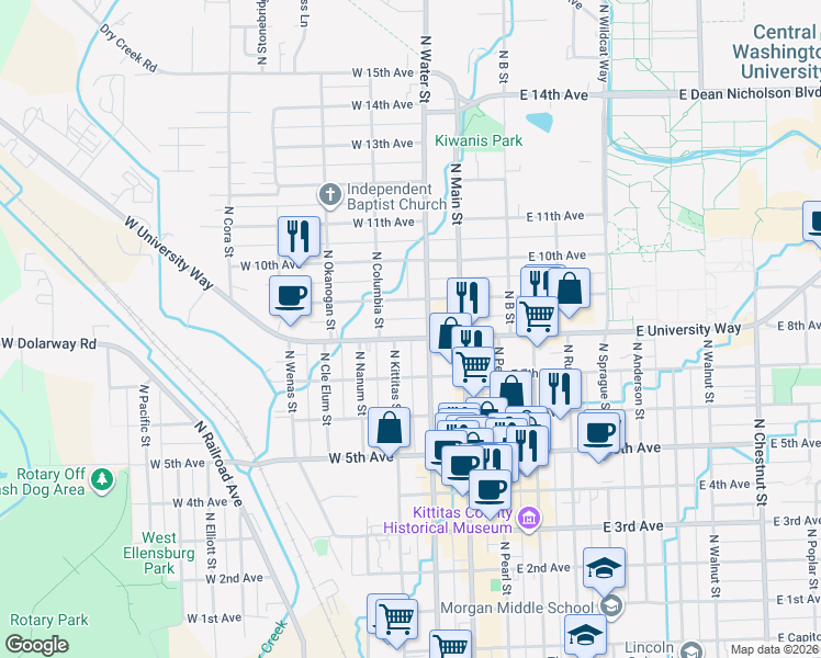 map of restaurants, bars, coffee shops, grocery stores, and more near 305 West University Way in Ellensburg