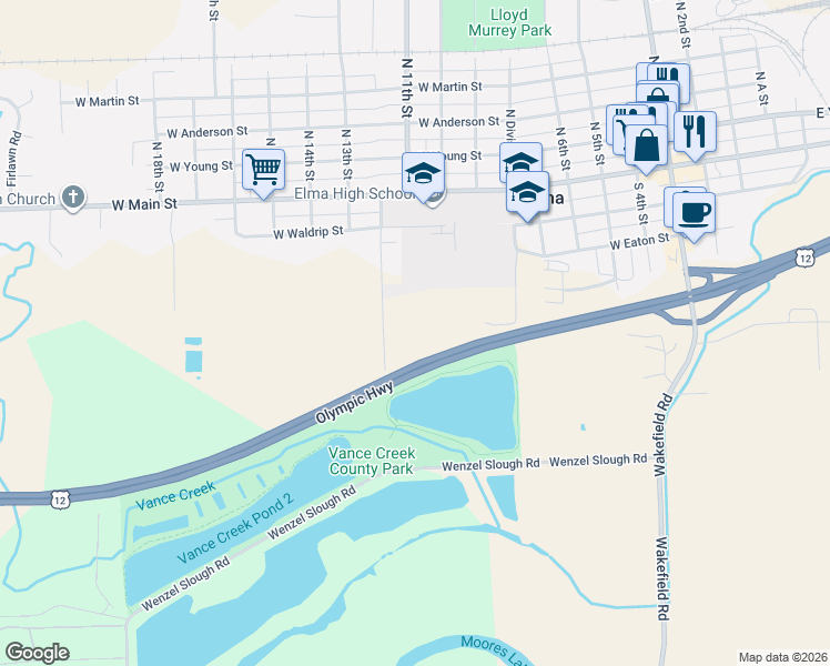 map of restaurants, bars, coffee shops, grocery stores, and more near Olympic Highway in Elma