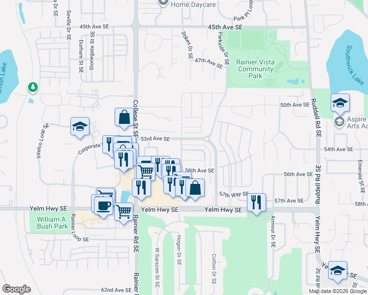 map of restaurants, bars, coffee shops, grocery stores, and more near 5215 54th Avenue Southeast in Lacey