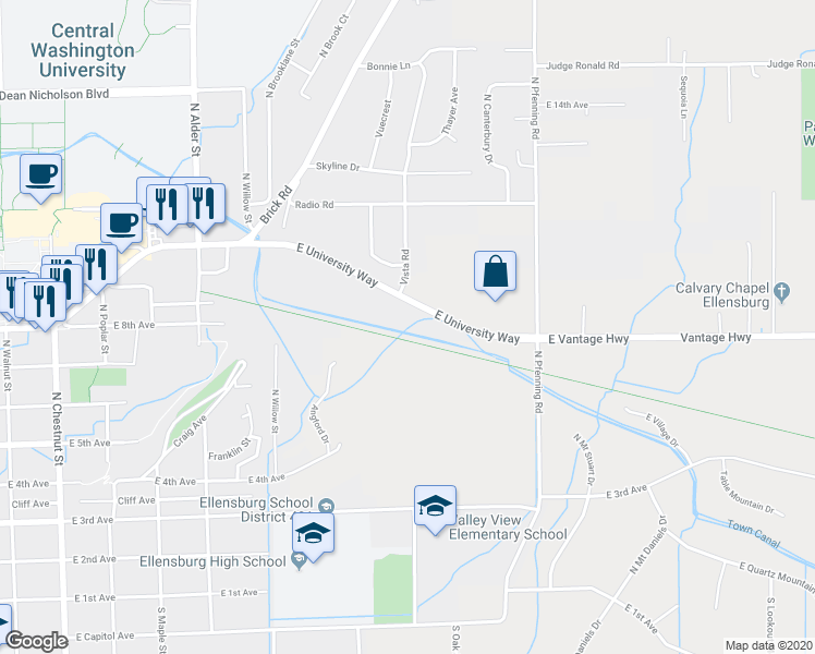 map of restaurants, bars, coffee shops, grocery stores, and more near 1500 Vantage Highway in Ellensburg