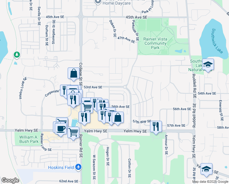 map of restaurants, bars, coffee shops, grocery stores, and more near 5212 54th Avenue Southeast in Lacey