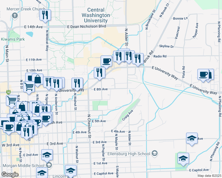 map of restaurants, bars, coffee shops, grocery stores, and more near East 8th Avenue in Ellensburg