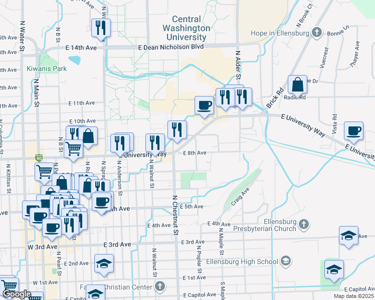 map of restaurants, bars, coffee shops, grocery stores, and more near 706 North Poplar Street in Ellensburg