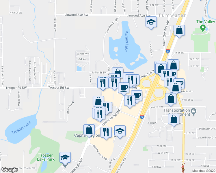 map of restaurants, bars, coffee shops, grocery stores, and more near in Tumwater