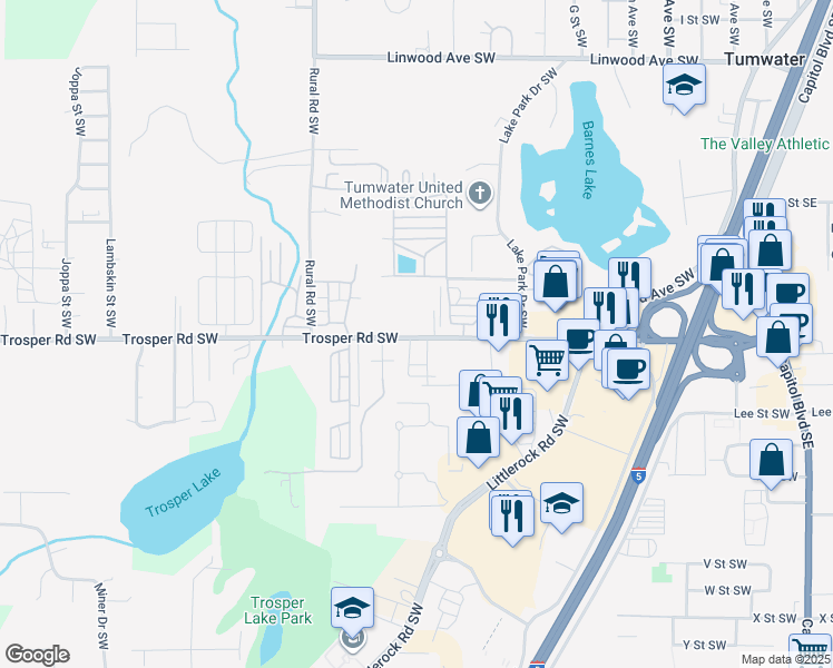 map of restaurants, bars, coffee shops, grocery stores, and more near 5420 Kensington Lane Southwest in Tumwater