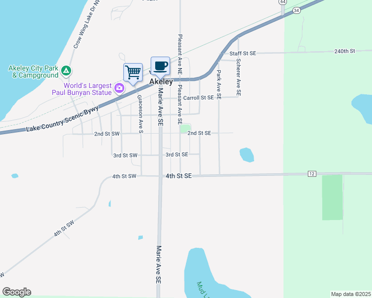 map of restaurants, bars, coffee shops, grocery stores, and more near 420 Pleasant Avenue Southeast in Akeley