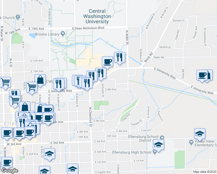 map of restaurants, bars, coffee shops, grocery stores, and more near 906 East 8th Avenue in Ellensburg