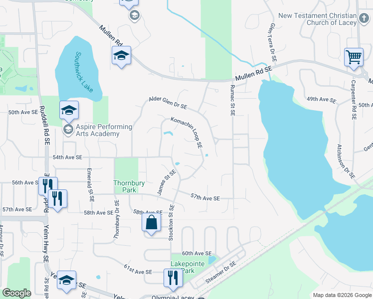 map of restaurants, bars, coffee shops, grocery stores, and more near 6432 Candace Court Southeast in Lacey