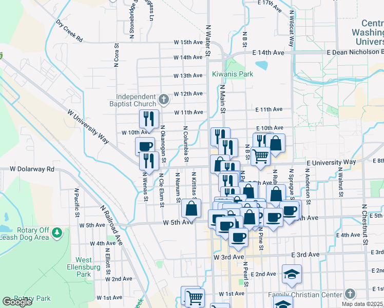 map of restaurants, bars, coffee shops, grocery stores, and more near 904 North Columbia Street in Ellensburg