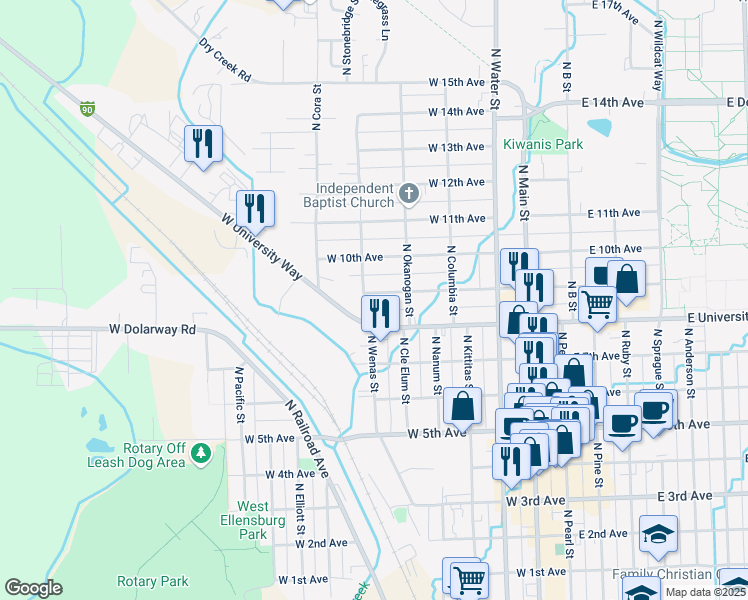 map of restaurants, bars, coffee shops, grocery stores, and more near 507 West 9th Avenue in Ellensburg