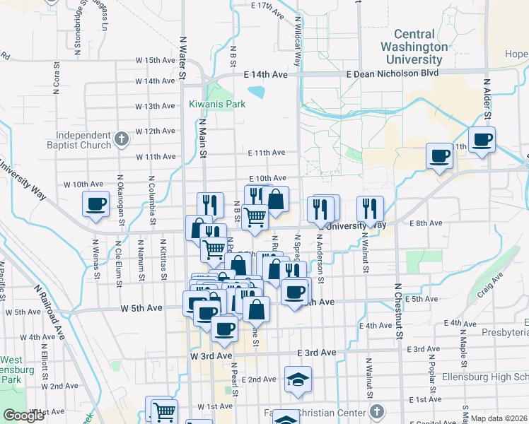 map of restaurants, bars, coffee shops, grocery stores, and more near 111 East 9th Avenue in Ellensburg