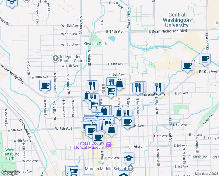 map of restaurants, bars, coffee shops, grocery stores, and more near 111 East 9th Avenue in Ellensburg