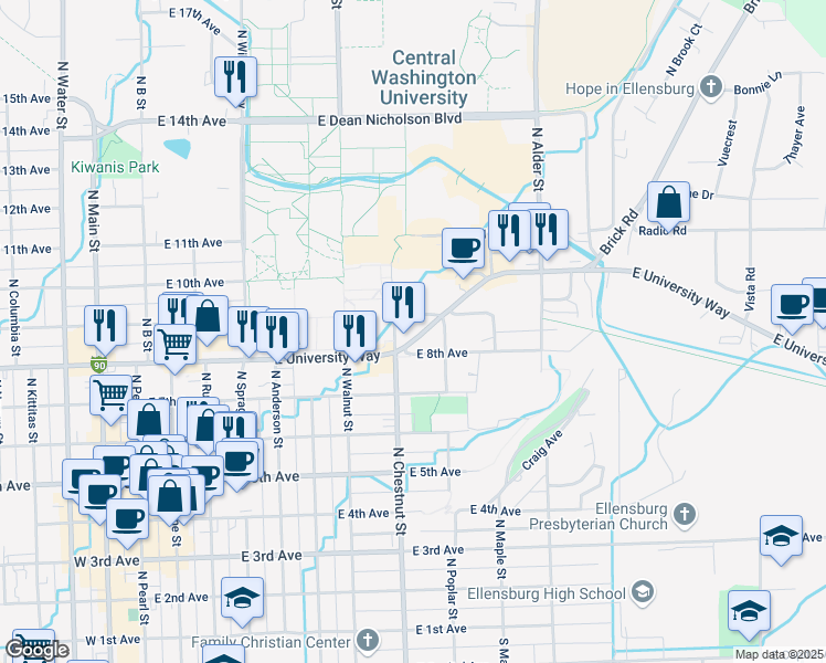 map of restaurants, bars, coffee shops, grocery stores, and more near 805 East University Way in Ellensburg