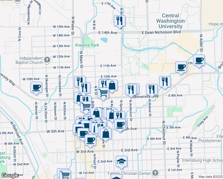 map of restaurants, bars, coffee shops, grocery stores, and more near 209 East 9th Avenue in Ellensburg