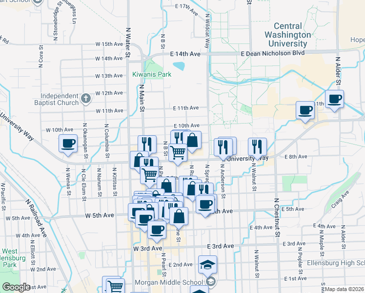 map of restaurants, bars, coffee shops, grocery stores, and more near 807 C Street in Ellensburg