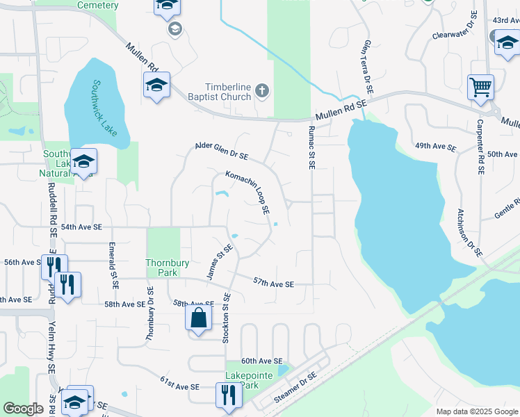 map of restaurants, bars, coffee shops, grocery stores, and more near 5525 Komachin Loop Southeast in Lacey