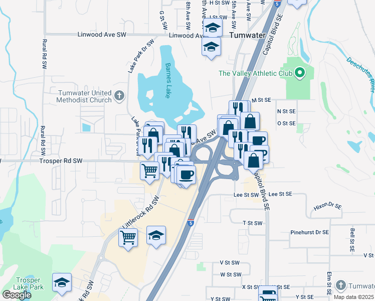 map of restaurants, bars, coffee shops, grocery stores, and more near 1677 South 2nd Avenue Southwest in Tumwater