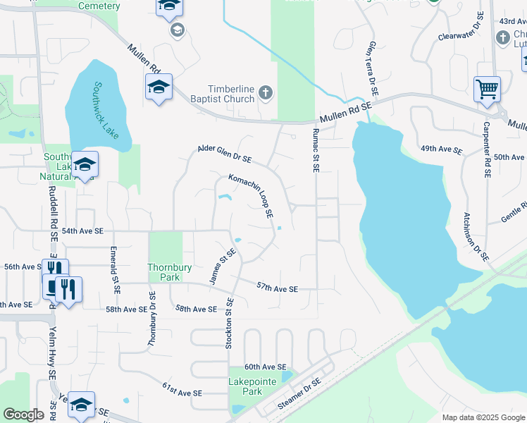 map of restaurants, bars, coffee shops, grocery stores, and more near 5525 Komachin Loop Southeast in Lacey