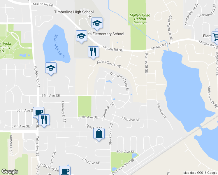 map of restaurants, bars, coffee shops, grocery stores, and more near 5430 Komachin Loop Southeast in Lacey