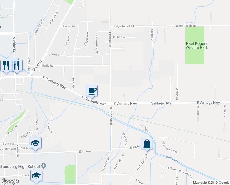 map of restaurants, bars, coffee shops, grocery stores, and more near 812 North Pfenning Road in Ellensburg