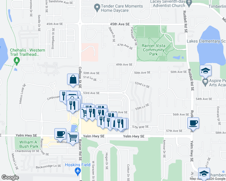 map of restaurants, bars, coffee shops, grocery stores, and more near 5214 53rd Avenue Southeast in Lacey