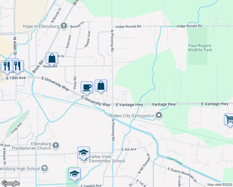 map of restaurants, bars, coffee shops, grocery stores, and more near 812 North Pfenning Road in Ellensburg