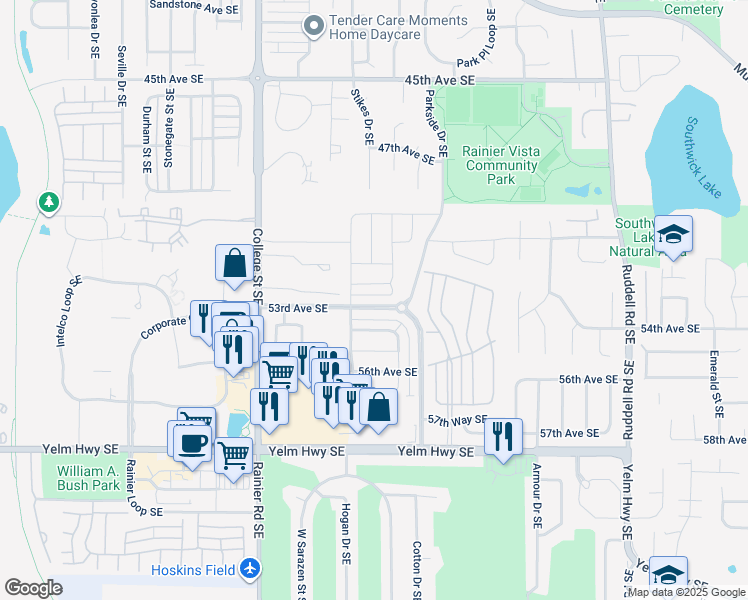map of restaurants, bars, coffee shops, grocery stores, and more near 5222 53rd Avenue Southeast in Lacey