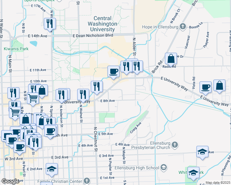 map of restaurants, bars, coffee shops, grocery stores, and more near 809 North Maple Street in Ellensburg