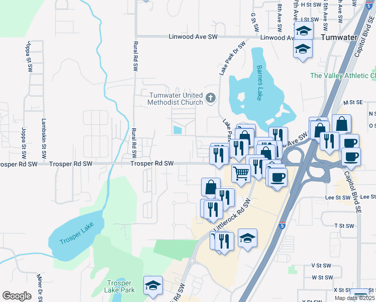 map of restaurants, bars, coffee shops, grocery stores, and more near 1400 Trosper Road Southwest in Tumwater