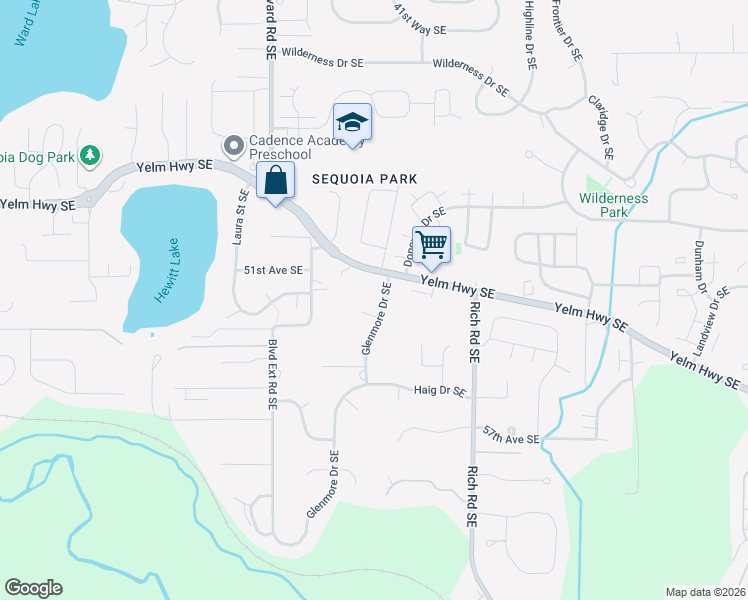 map of restaurants, bars, coffee shops, grocery stores, and more near 5221 Glenmore Drive Southeast in Olympia