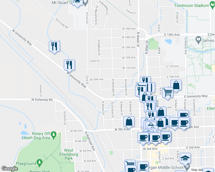 map of restaurants, bars, coffee shops, grocery stores, and more near 507 W 9th Ave in Ellensburg