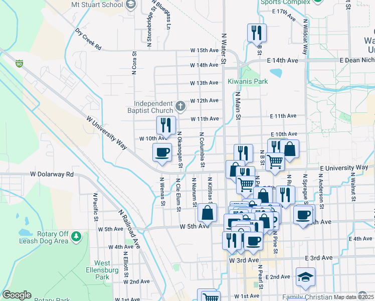 map of restaurants, bars, coffee shops, grocery stores, and more near 411 West 9th Avenue in Ellensburg