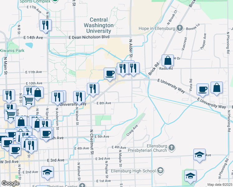 map of restaurants, bars, coffee shops, grocery stores, and more near 809 North Maple Street in Ellensburg