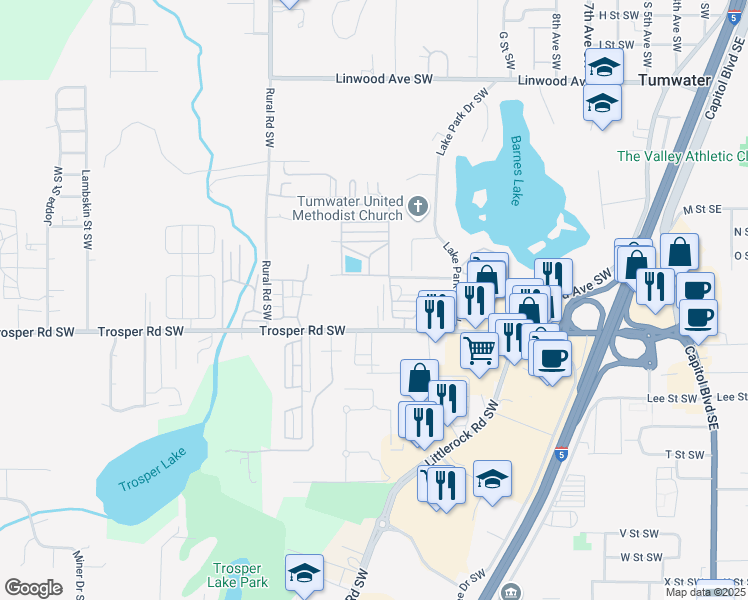 map of restaurants, bars, coffee shops, grocery stores, and more near 1400 Trosper Road Southwest in Tumwater