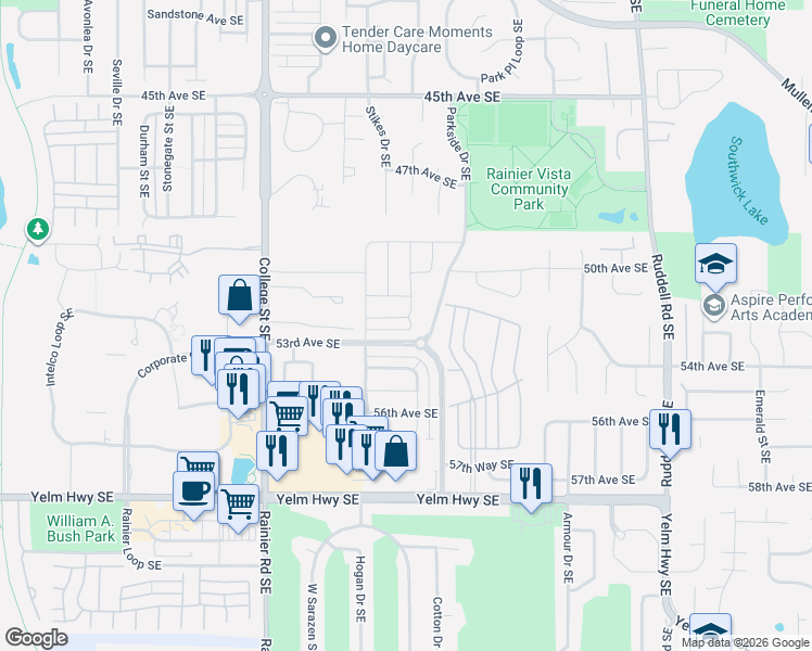 map of restaurants, bars, coffee shops, grocery stores, and more near 5255 52nd Way Southeast in Lacey